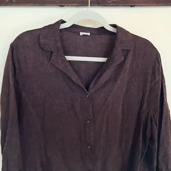 Poetry Brown Linen Peplum Button Down Top - Picture 3 of 10